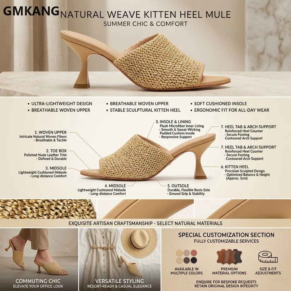 GMKANG Women's Summer Knitted Slip-On High Heels, Round Toe Party Sandals, Comfortable Fashion Heeled Slippers for