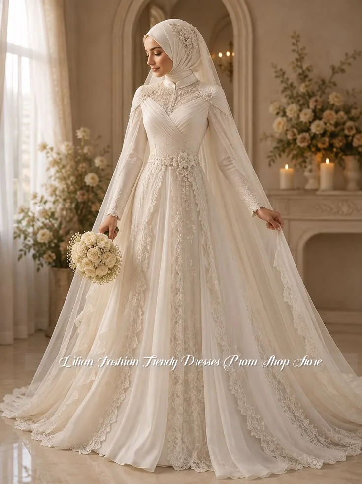 Dreamy White Muslim Wedding Gown Customized Lace Beaded Elegant Bridal Gown Evening Gown for Religious Ceremonies Engagement Gow