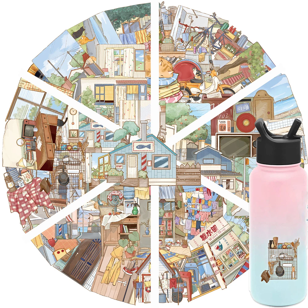 

10/30/50pcs INS Style Transparent Alley House Cartoon Stickers DIY Luggage Scrapbook Guitar Cute Decoration Sticker Kid Toy Gift