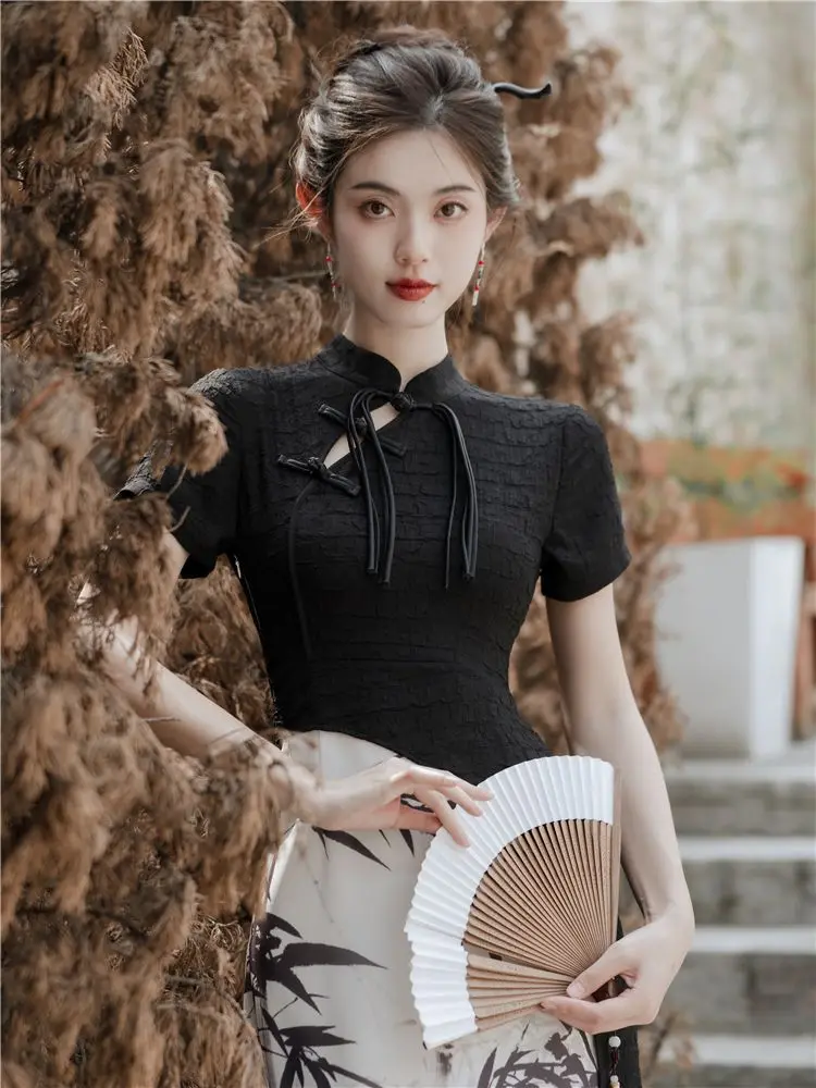 Fashion New Chinese Style Cheongsams Sexy Off Shoulder Qipao Black Patchwork Bamboo Chinese Dress Female Mandarin Collar Qipao