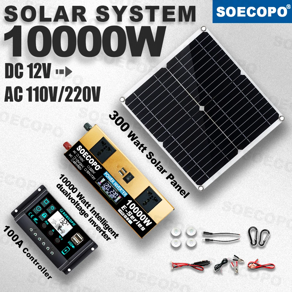 Portable 10000W Peak Solar Kit Complete 12V To 220V 110V Inverter 300W Photovoltaic Panel 100A Controller for Generators Home