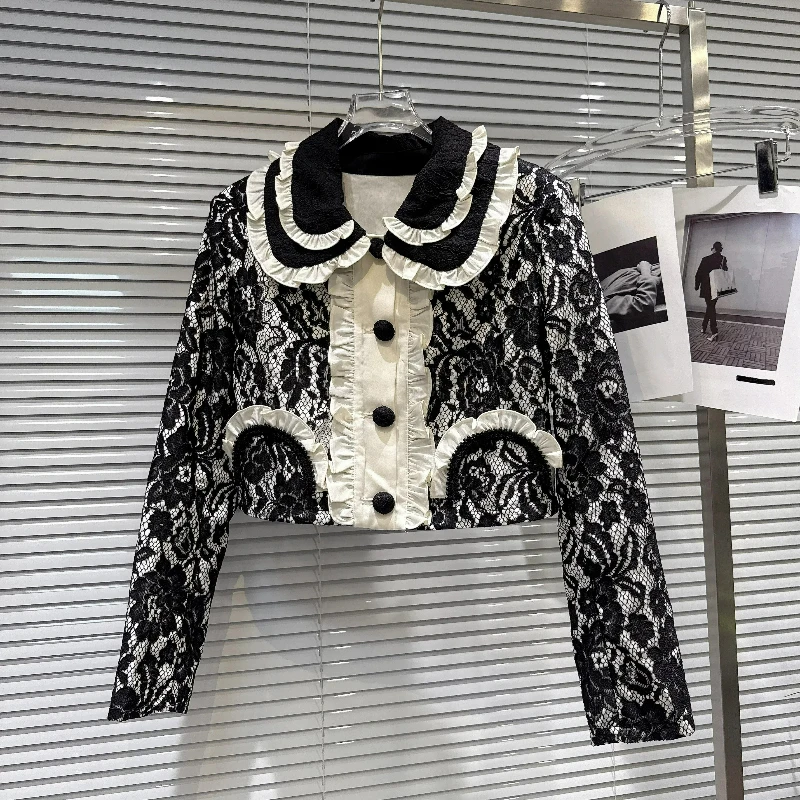Sweet Ladies Floral Lace Splicing Suit Layer Ruffle Trim Long Sleeve Jacket Frill Hem A-line Short Skirt Y2K 2 Piece Outfit New
