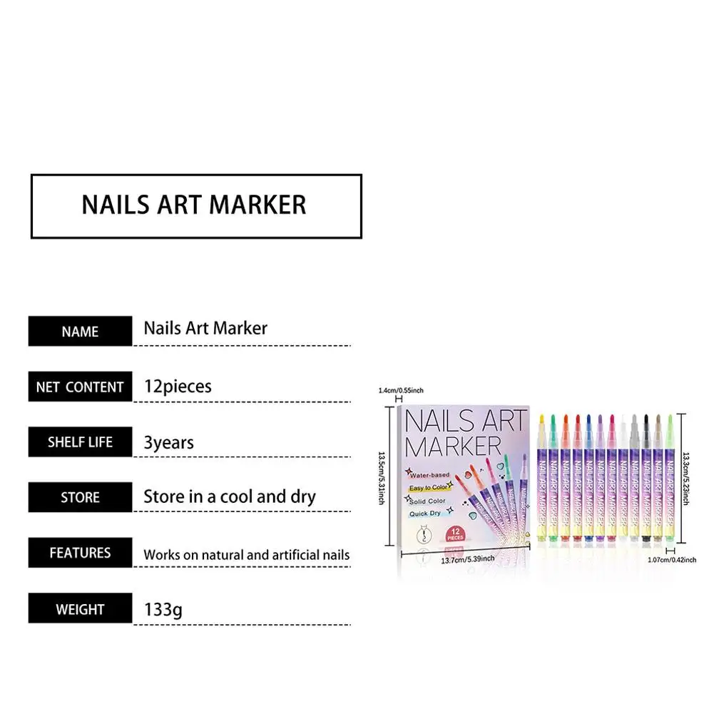 ปากกาเพ้นท์เล็บกันน้ำ 12 ชิ้น ชุดปากกาสำหรับเพ้นท์ลายเส้นและลายดอกไม้ ปากกากราฟฟิตี้อเนกประสงค์ ชุดปากกาเพ้นท์เล็บ