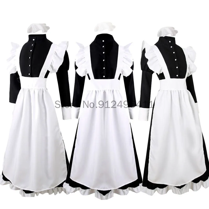Damska długa pokojówka sukienka Lolita animacja Anime światowa kawiarnia czarna biała sukienka Cosplay w stylu brytyjskim Vestido Jhalloween