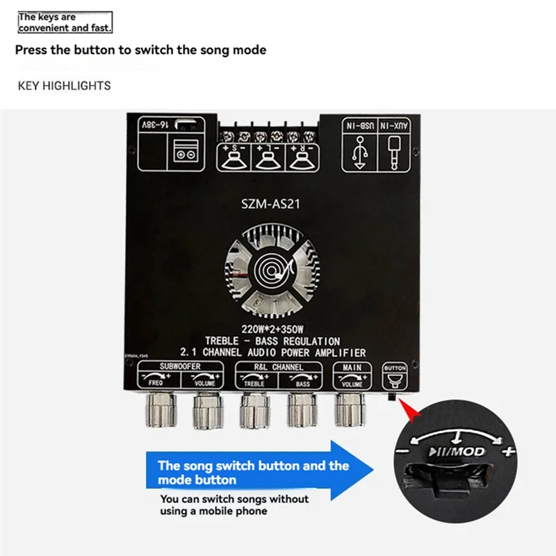 BTLIFE-SZM-AS21 2.1 Saluran TPA3255 Bluetooth 5.1 Modul Papan Amplifier Daya Digital Subwoofer Nada Tinggi dan Rendah 220WX2 + 350W