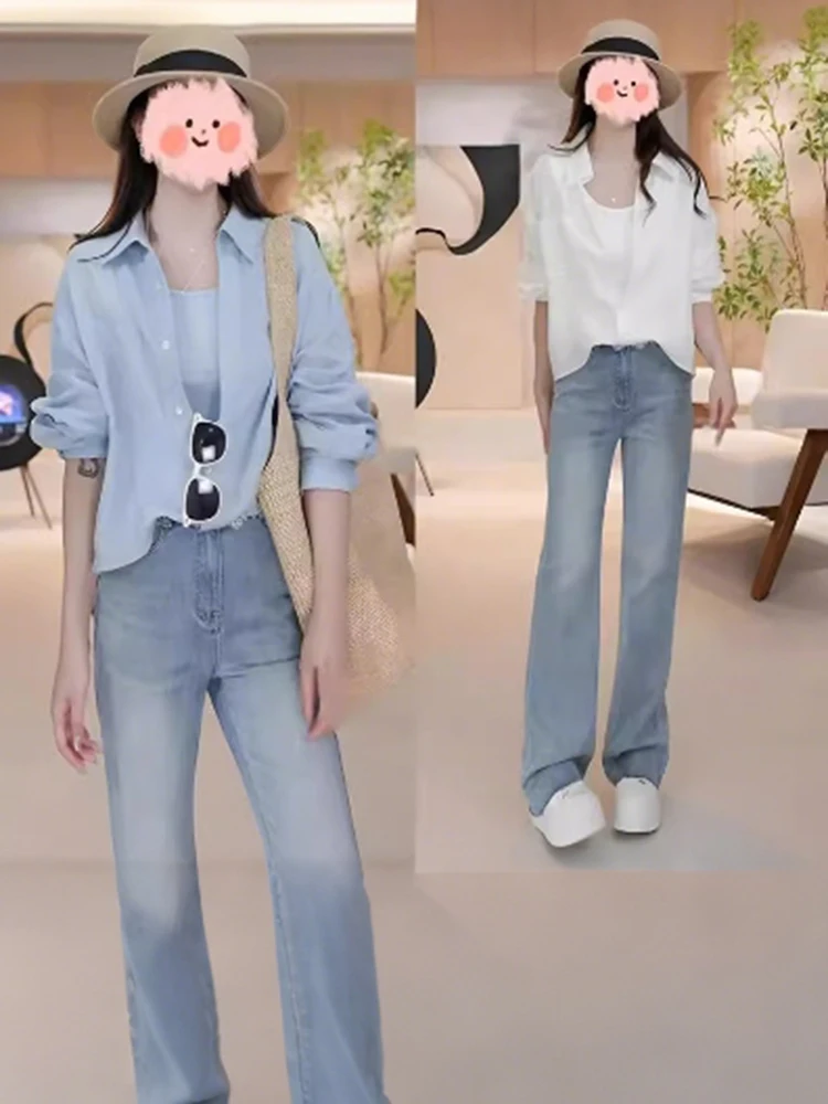 

Корейский модный комплект из двух предметов: джинсы с высокой талией и имитацией двухслойного дизайна, весна 2025, уникальный дизайн