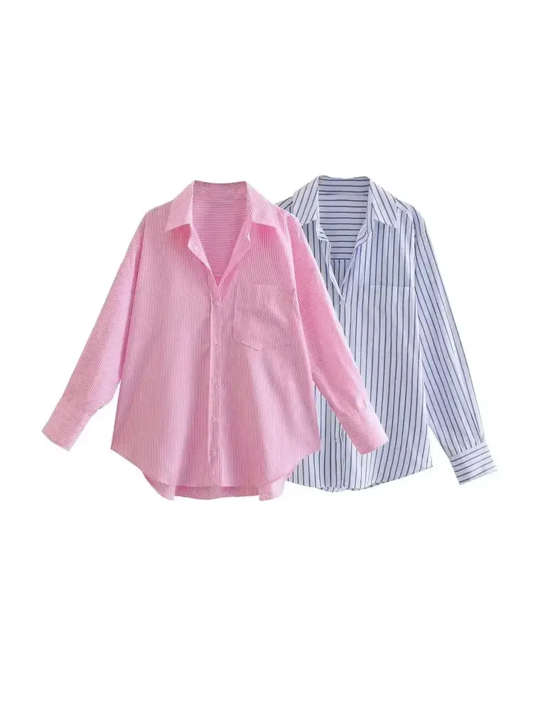 TRZA-Striped Loose Shirts With Pocket for Women, Long Sleeve, Button-up Blouses, Chic Tops, Female Fashion