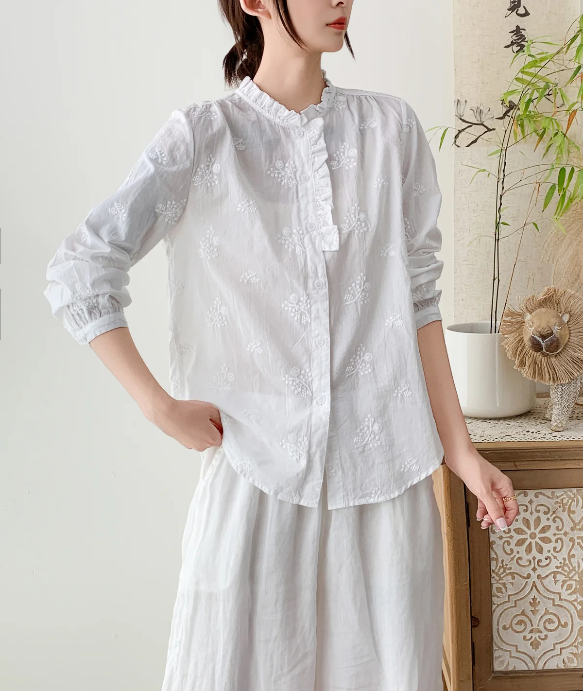 جديد 2025 الخريف قميص قطني بكم طويل ، المرأة الوقوف التطريز ، موري فتاة الفرنسية الكشكشة Fairycore INS بلوزة فضفاضة T58983CC #5