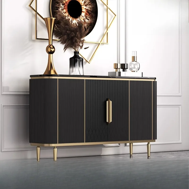dining side cabinet, high-end sense, modern simple black guest dining room locker, rock slab solid wood door cabinet