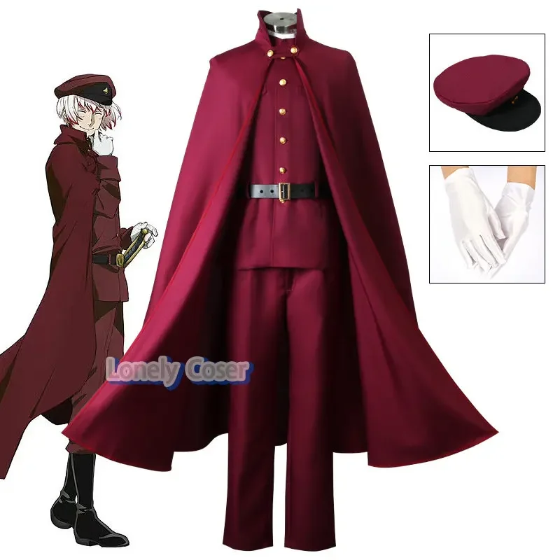 Bungo Stray Dogs Season 4 Saigiku Jono Cosplay Costume Wig Jouno Earring Dog Hunting Dark Red Anime Uniform Hat Cape Gloves