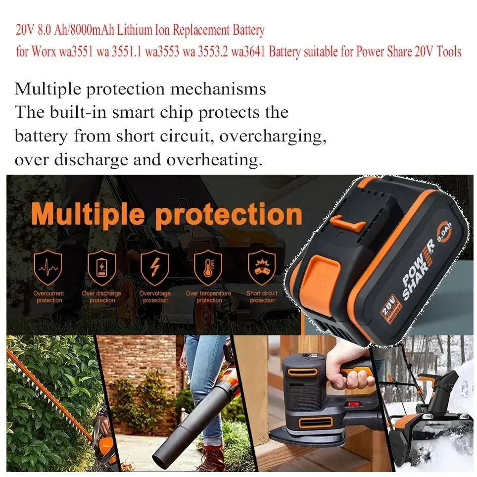 Untuk Worx baterai Lithium 20V 8000mAh isi ulang WA3551 WA3553 WA3553.1 WA3570 untuk semua perkakas listrik dan taman WORX