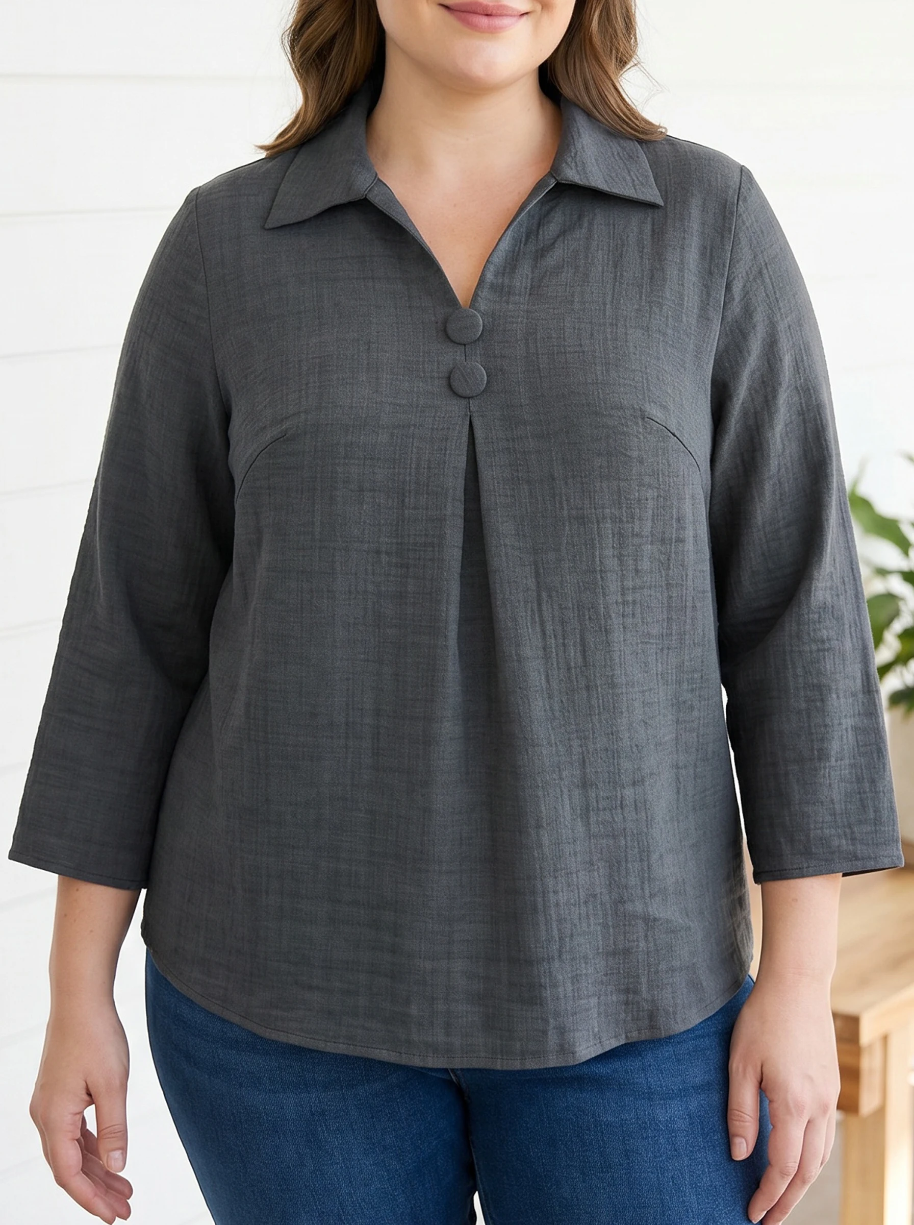 Rosa fera Blusa holgada para mujer de talla grande, cuello vuelto, manga 3/4, camisa informal con botones en la parte delantera