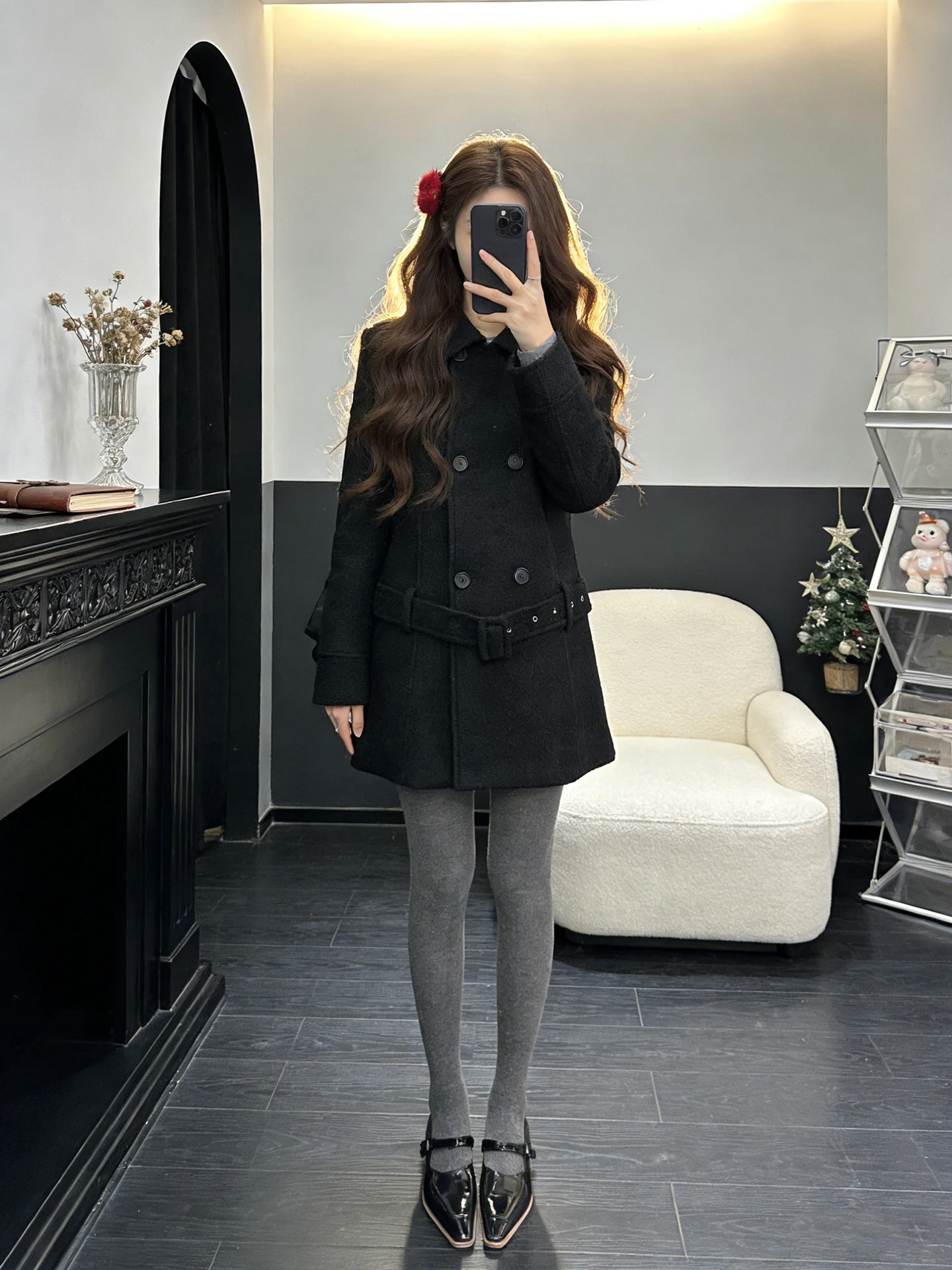 

Hebe Sle Women's Bla Woolen Coat Spring Autumn New Double Row Buttons Medium Length Turn-down Collar Loose Long Coat