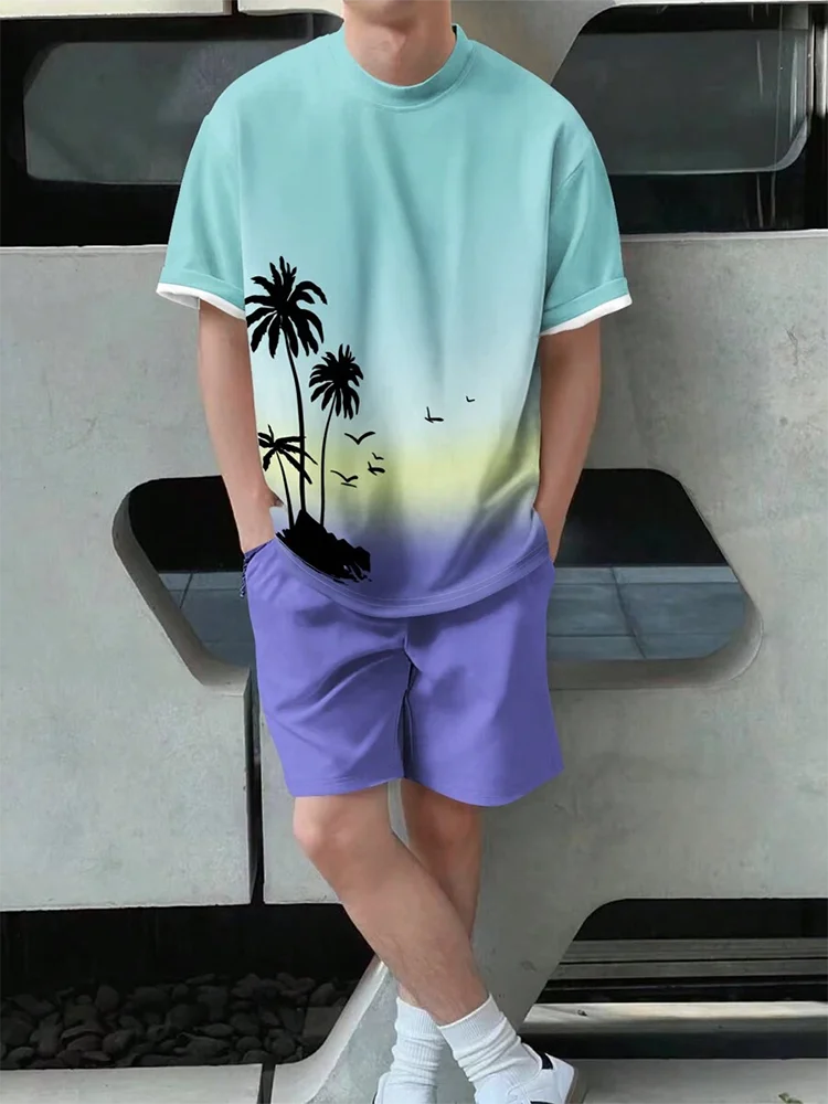 Men's Suit Hawaiian Summer Casual Everyday Men's T-shirt Outdoor Travel Men's Beach Shorts Coconut Tree Print Men's Clothing