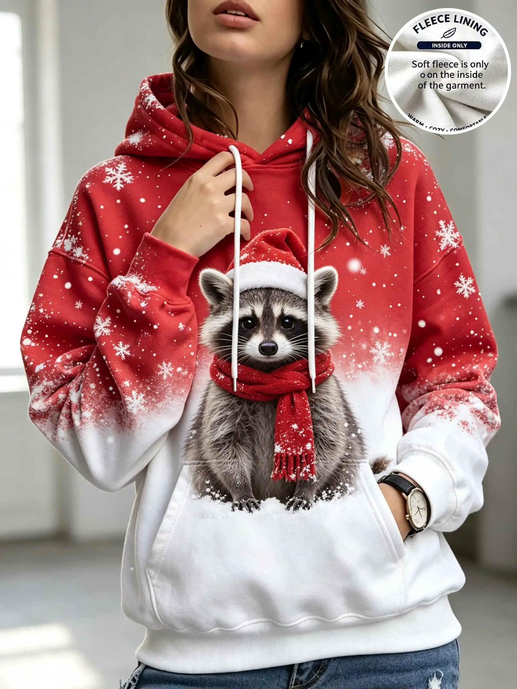 Women Christmas Cute Bunny Santa Hat Red Scarf Snowflake Gradient Fleece Hoodie White Pocket Sweatshirt