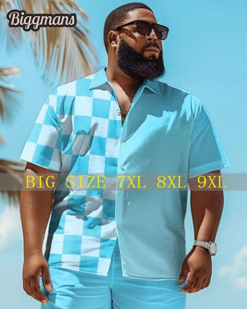 

Biggmans Shirt Plus Size L-9Xl for Summer Beach Men's Oversize Beach Hawaiian Colorful Block Print Shirt Shorts Top 7XL 8XL