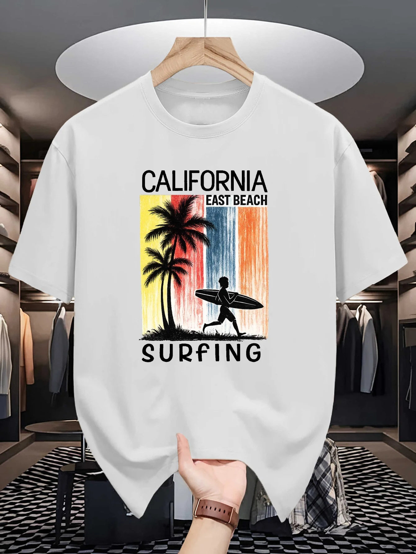 California East Beach Surfing  Mens Crew Neck T Shirt Retro Palm Surfer Print Soft Loose Street Tee For Beach Sports Enthusiasts