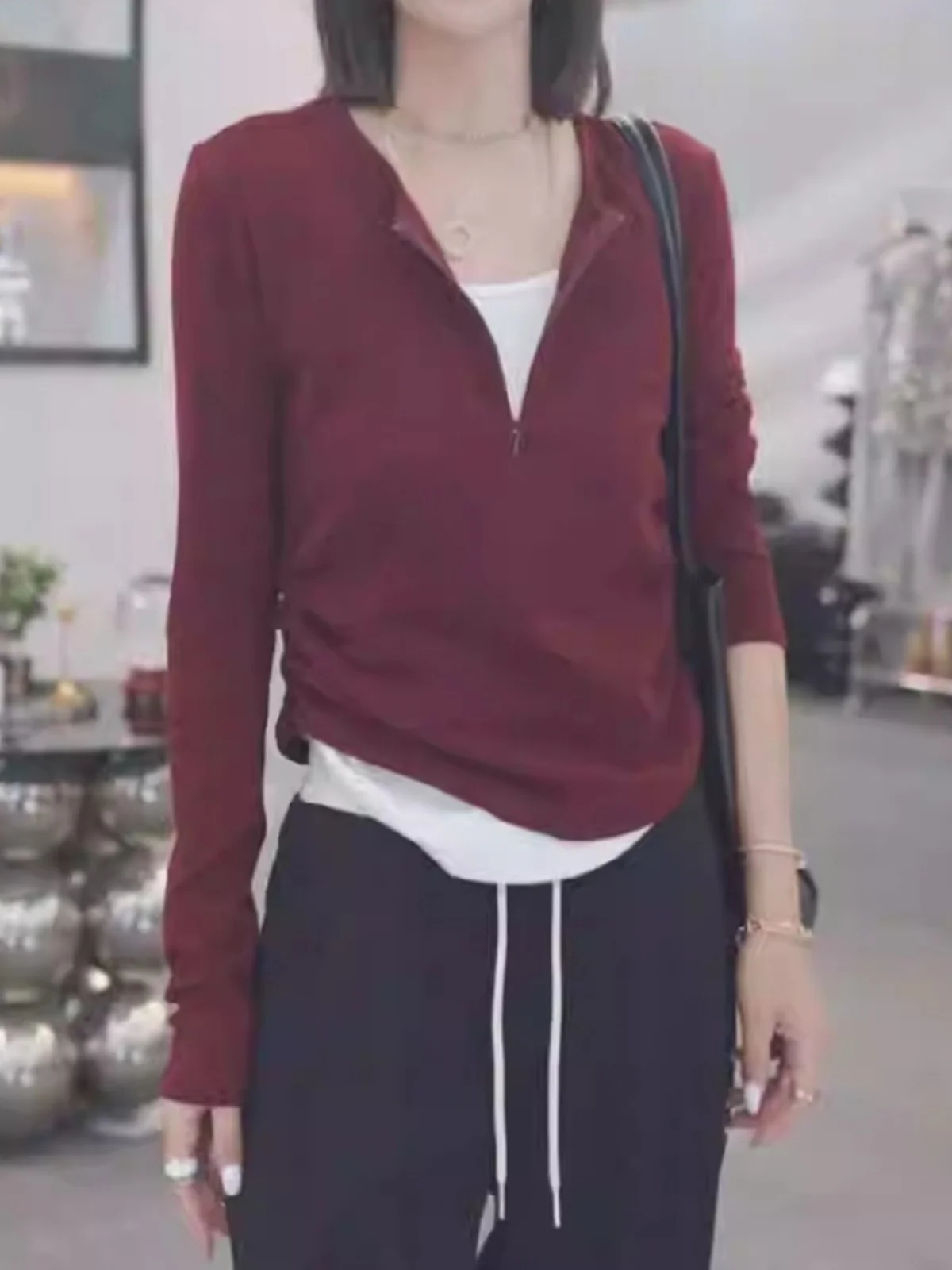 

Красная футболка из чистого хлопка с длинным рукавом, женский топ, утягивающий талию, скрывающий живот, в корейском стиле