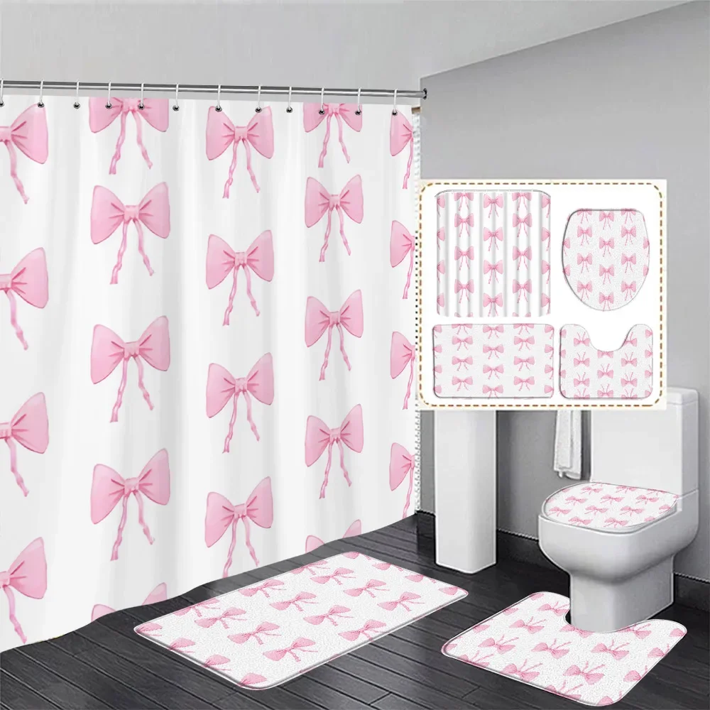 Pink Bowknot Shower Curtain Set Watercolour Bow Tie Girl Gift Modern Bathroom Decor Floor Rugs U-shaped Mats Toilet Lid Cover