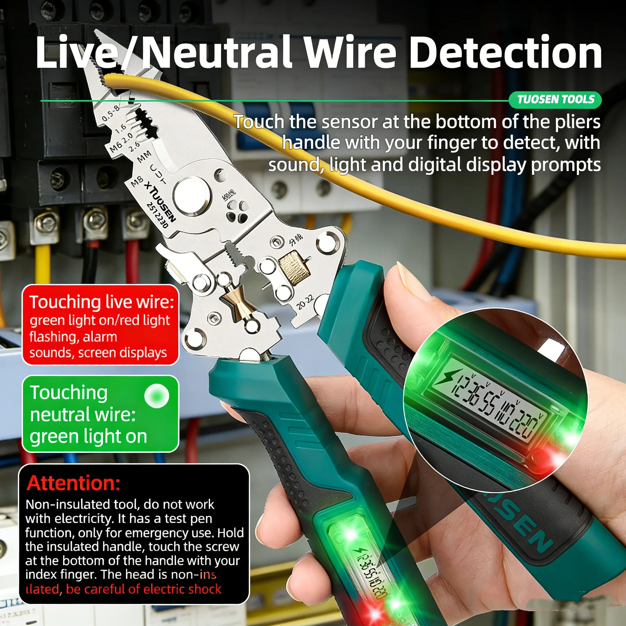 TUOSEN Electrician Tool Set Multi-Function Wire Stripper Pliers with Digital Voltage Tester And Shear for Electrical Work