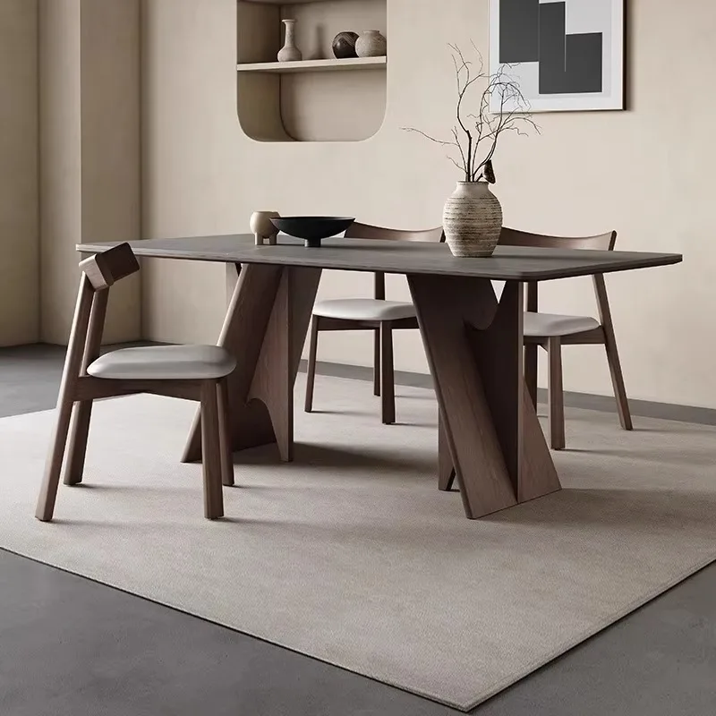 Minimalist Wabi-Sabi Rectangular Dining Table, Grey Sintered Stone Top With Sculptural Solid Wood Base, Modern Kitchen Table