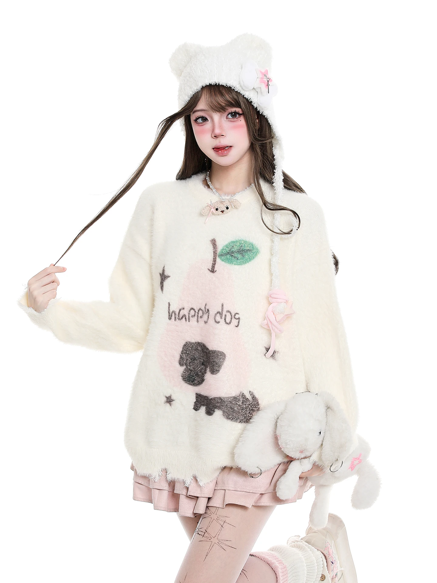 

Cute Sweet Cartoon round Ne Knit Sweater Women's Autumn Winter Loose Warm Soft Lazy Sle Long Sve Thermal Top