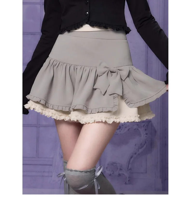 2024 Summer Japanese Lolita Sweet Cool Gray Color Bow Cake Skirts High Waist Slim Fit Spring New Y2k Cute Skirt Women's Clothing