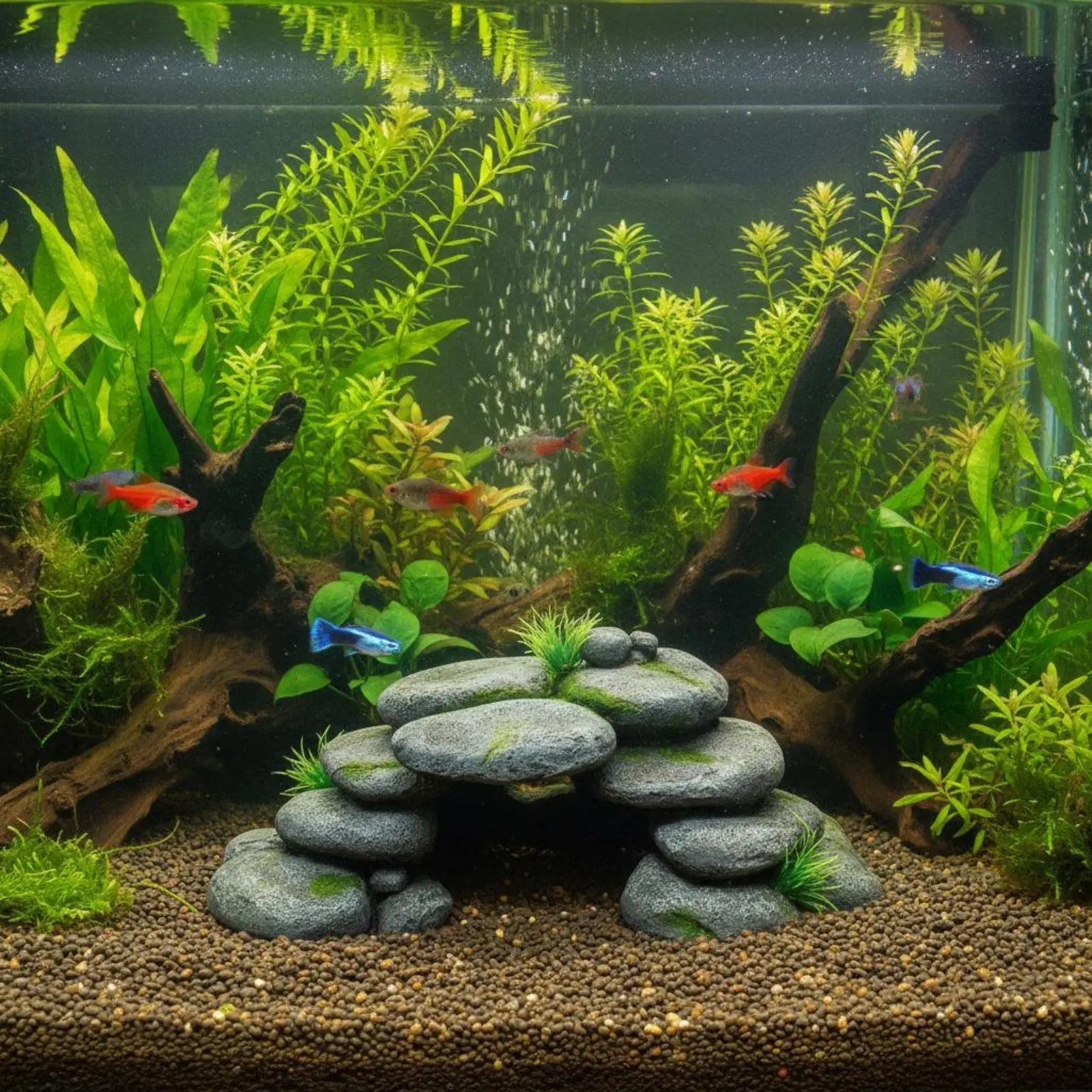 Fish Tank Decoration Resin Stone Cave Hideaway for Aquarium Landscape Naturalistic Pebble Stack with Faux Greenery