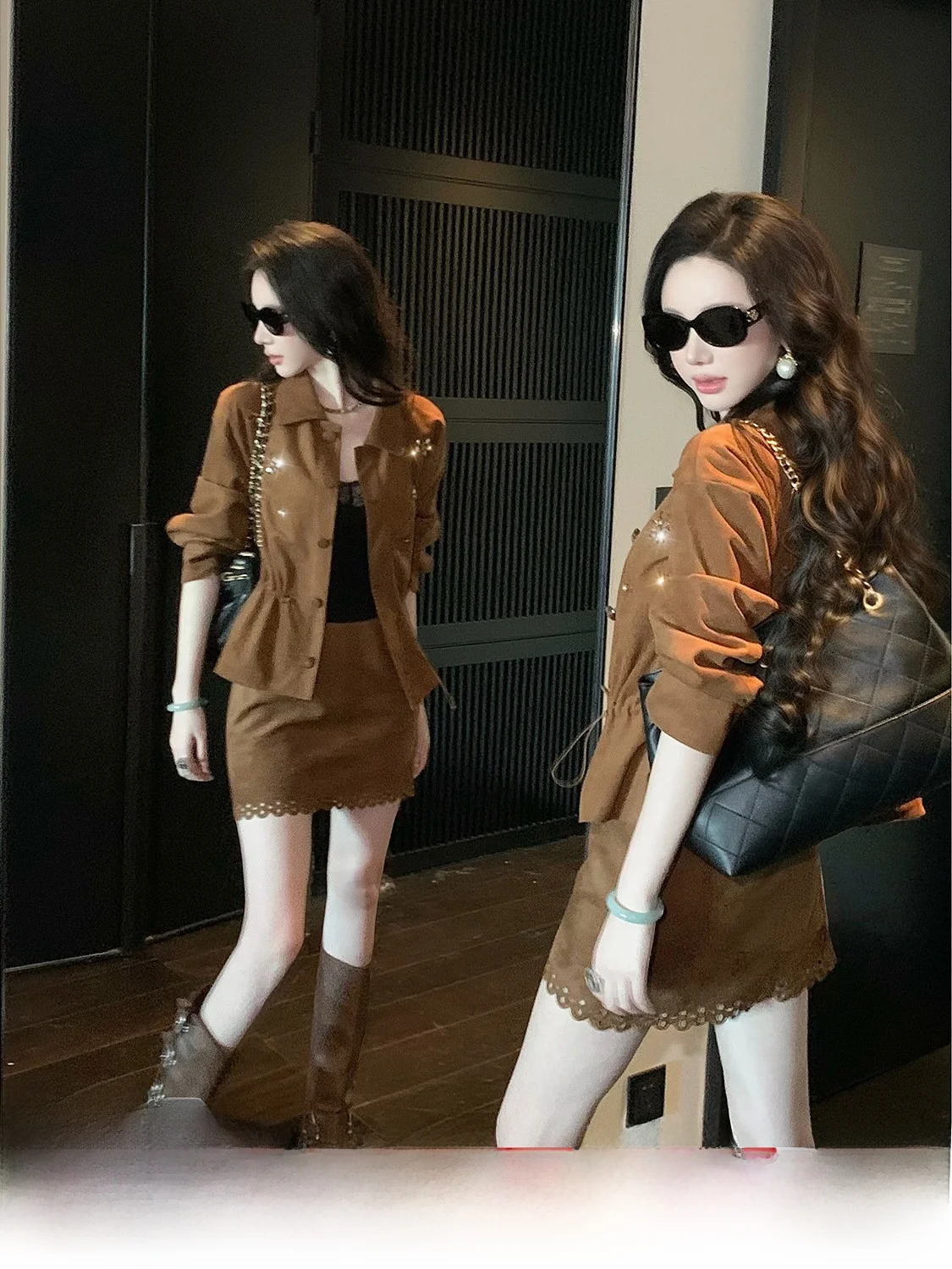 Syqiao Afternoon Sun Autumn Winter Suede Hollow out Lace Trim Earth Tone A-Line  Skirt High Waist Casual Style for Women