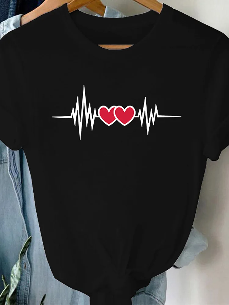 T-Shirt z grafiką dla kobiet t-shirty z krótkim rękawem lato dla kobiet Love Heart walentynki Heartbeat Casual z krótkim rękawem modna koszulka Regular