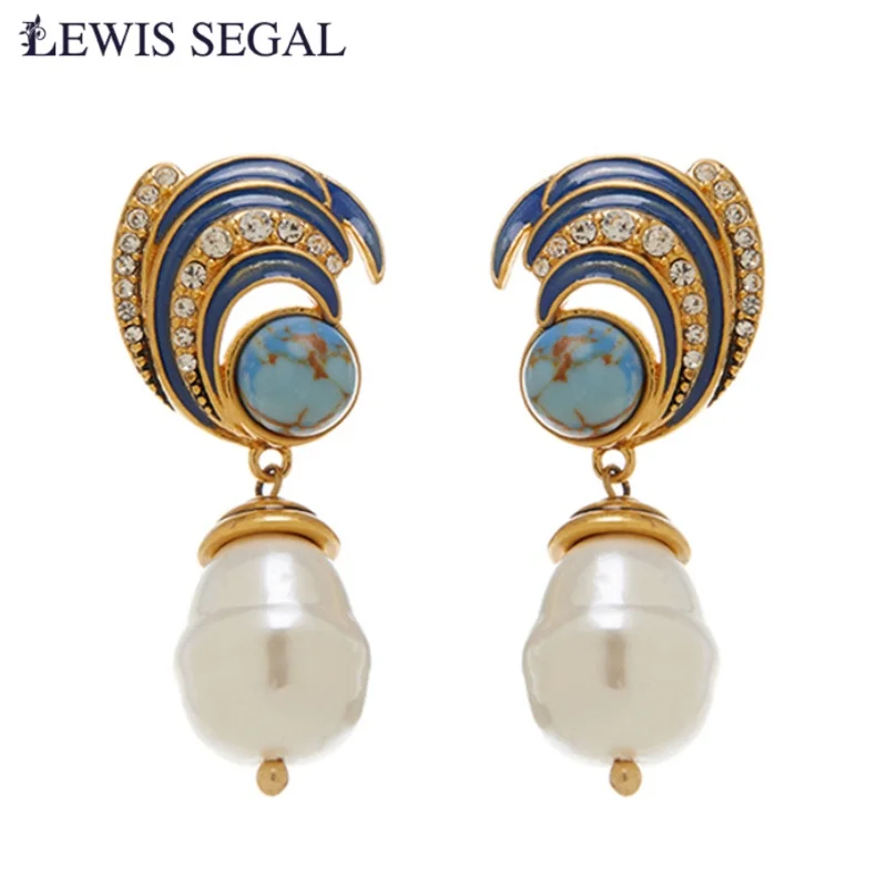 

LEWIS SEGAL Vintage Blue Turquoise Pearl Drop Earring 18karat Gold Antiqued Curved Textured for Women Girl Party Gift Wedding