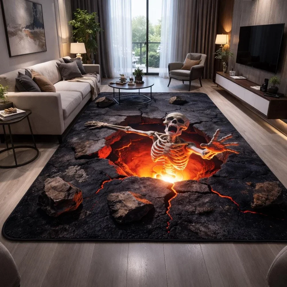Hell Cracked Lava Skeleton 3D Illusion carpet game room floor mat gaming setup media corner Washable floor mat Gift