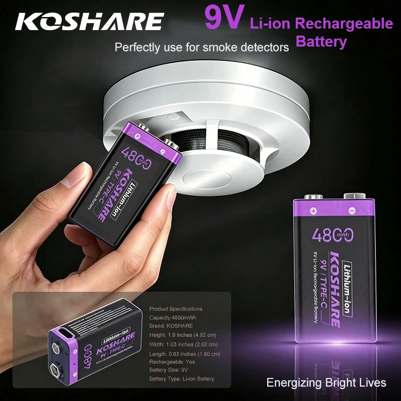 KOSHARE 9V Li-Ion-Akkus, wiederaufladbar, 4800 mWh, hohe Kapazität, 6F22-Lithium-Akku mit Typ-C-Kabel für Mikrofone, Multimeter