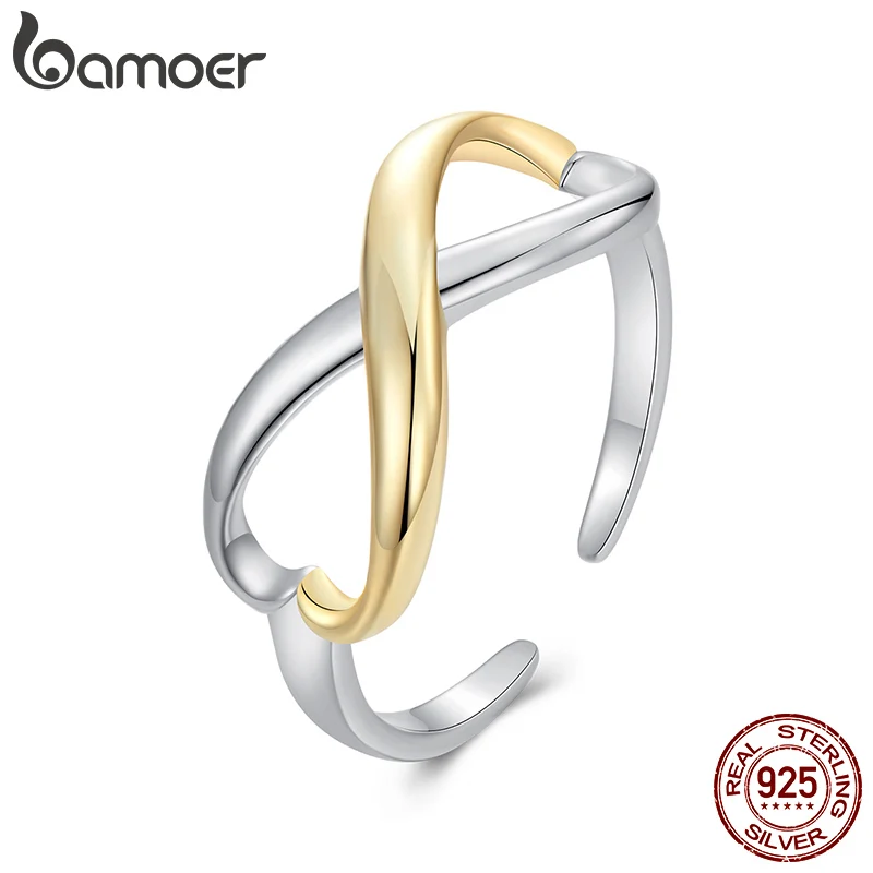 BAMOER 925 Sterling Silver Two-Tone Infinite Love Adjustable Ring, Gold Plated Cute Rings Dainty Chic Jewelry BSR622-E