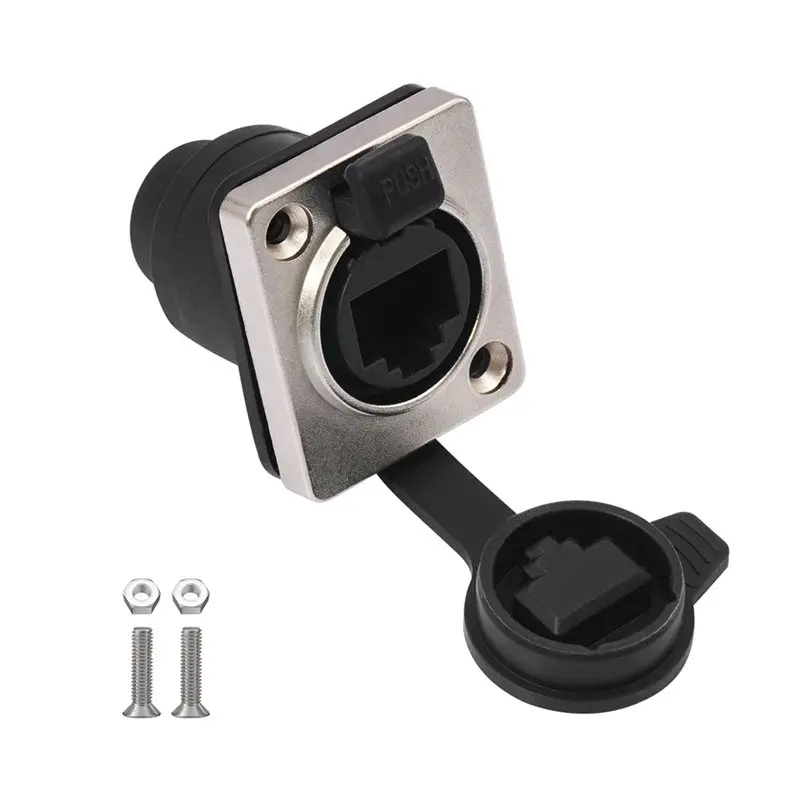 T23C 20X RJ45 Waterproof Network Connector With Rubber Cover D Type Panel Mount Socket RJ45 Ethernet Connector 180 Degree