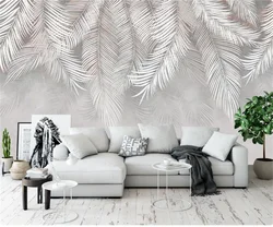 Customized Size Mural Living Room Sofa TV Background Plants Leaves Decoration Painting Grey Cream Caramel Leaves wallpaper