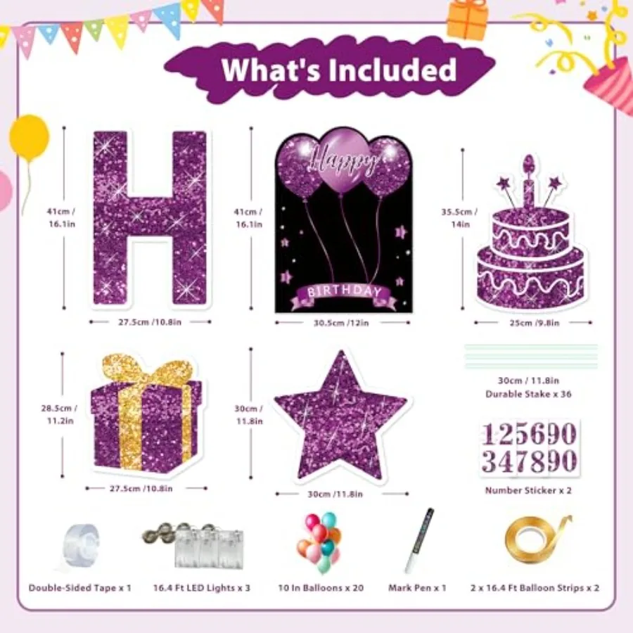 18 Pcs Happy Birthday Yard Sign with Stakes, Happy Birthday Yard Sign with 49.2 Feet LED Light, 16 In Large Personalized Happy