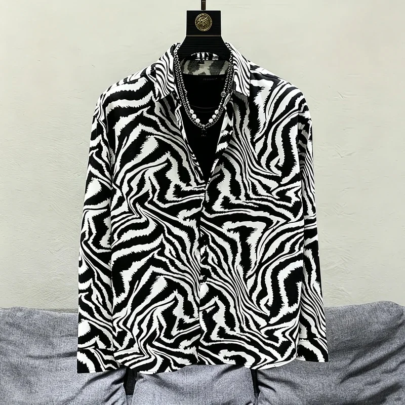 Men's Zebra Print Long-Sleeved Shirt, Loose-Fitting and Draped Printed Collared Shirt, Trendy, Casual, and Versatile Top.