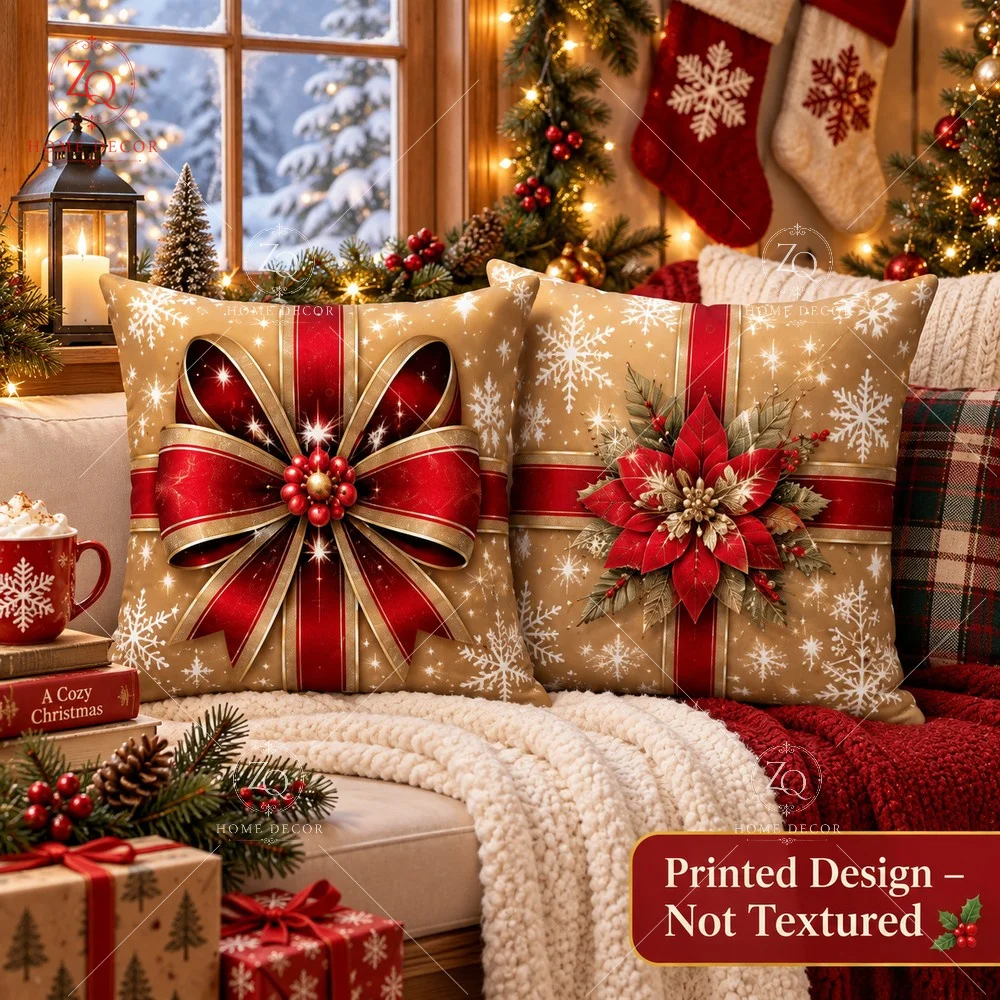 Xmas Red Gold Ribbon Throw Pillowcase Soft Peach Skin Velvet 2D Print Decorative Pillows For Couch Bedroom Holiday
