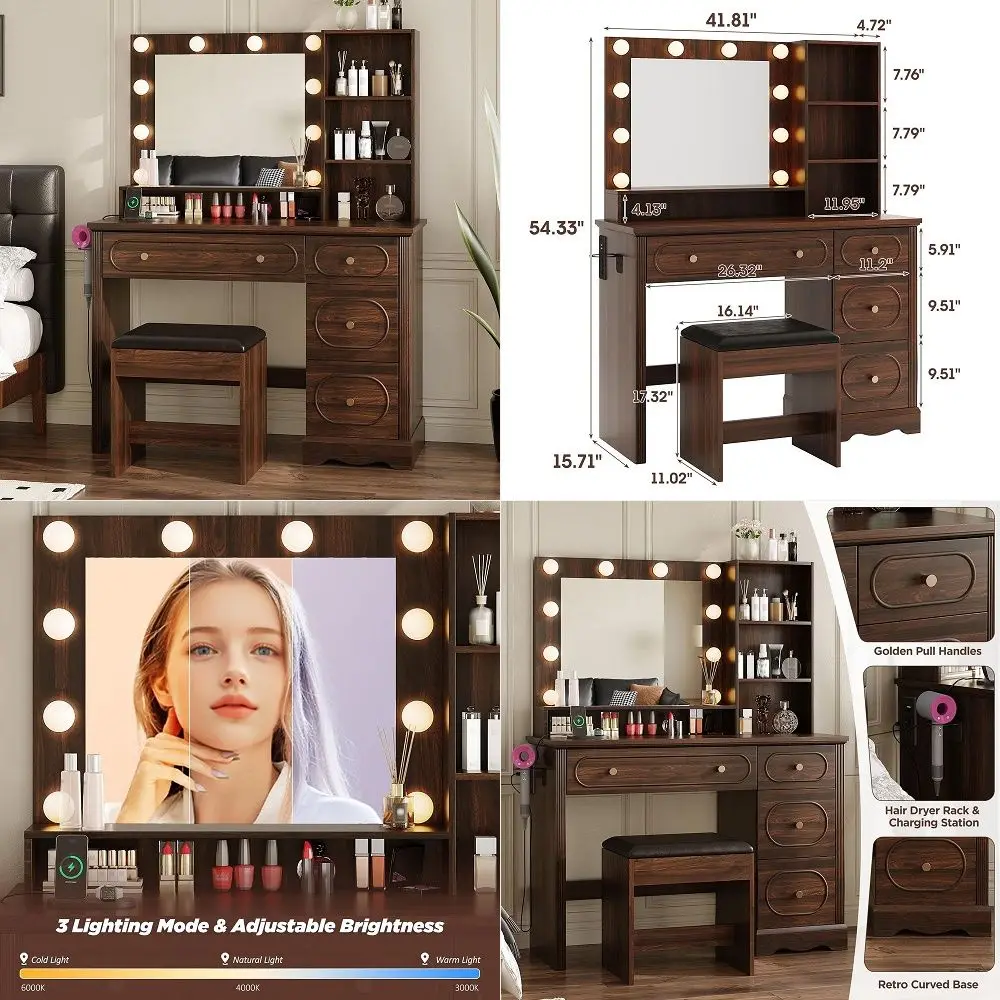 Vanity Desk with 11 Drawers, Glass Top Makeup Table with Mirror and LED Lights Vanity with Stool 3 Lighting Modes Brightness Ad