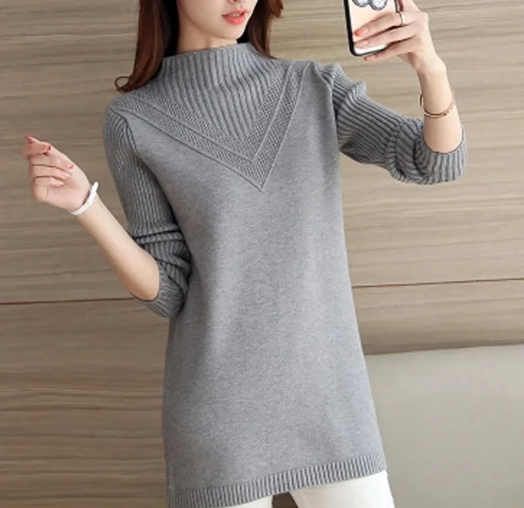 

Autumn Winter Women's Mid-Length Sweater Pure Color Half-High Collar New Arrival Pink