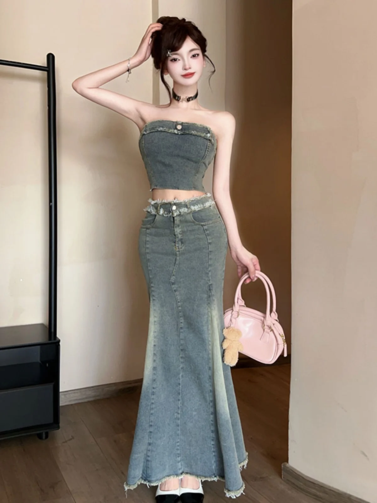 

Retro Sexy Strapless Vest Topless Denim High Waist Slimming Fish Tail Skirt Hot Girl Two Piece Set Women's Summer Fashion
