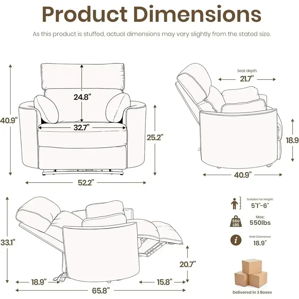 Jumbo Recliner with USB Port, Wide 32.7 Seat for Large Adults, 400-550 lbs Capacity Living Room Chair
