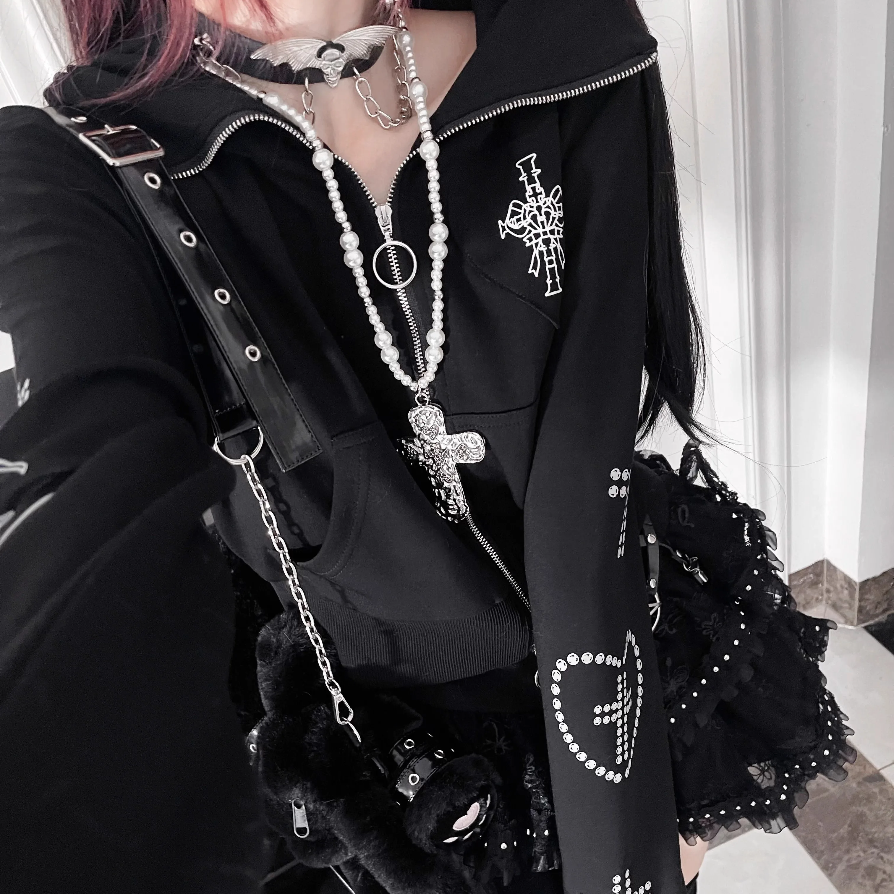 Original Highstreet Fashion Dark Subculture Cat Ear Hooded Long Sleeve Zipper Print Slim Short Sweatshirts Jackets Women Spring