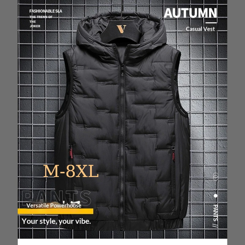 Winter Hooded Vest Men Pleated Solid Padded Vest Windproof Warm Sleeveless Jacket Homme Casual Waistcoat Thicken Parkas 7XL 8XL
