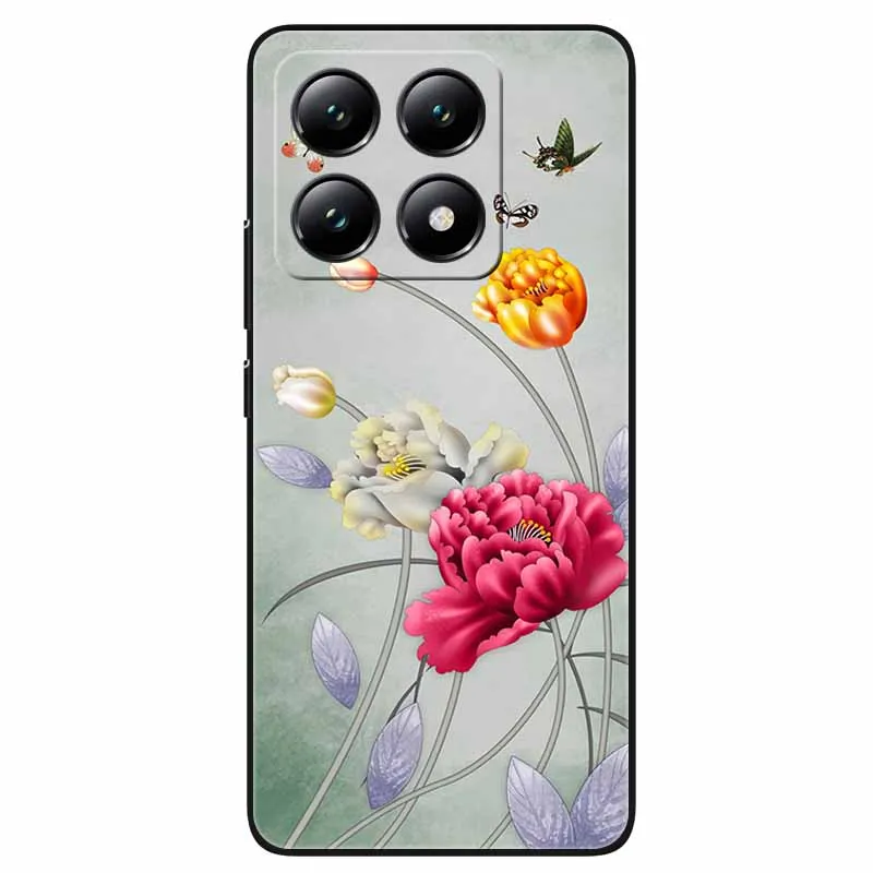 Phone Cover for Xiaomi 14T Pro Case Flowers Printing Silicon Soft TPU Coque for Xiaomi 14T Back Shells Covers 14 t Black Bumpers