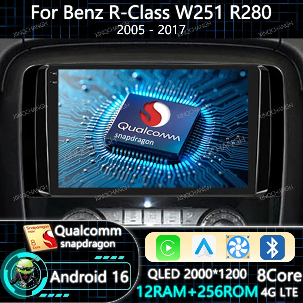 Android 16 Car Radio For Mercedes Benz R-Class R Class W251 R280 R300 R320 2005 - 2017 Multimedia Video Player 4G WIFI BT QLED