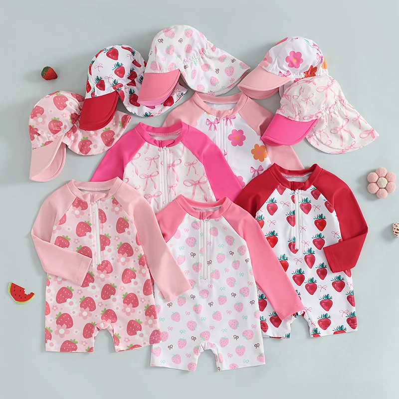 

Toddler Girl Long Sleeve Swimsuit Kids Infant Floral/Bow/Strawberry Print Half Zipper Rash Guard Swimwear with Sun Hat Beachwear