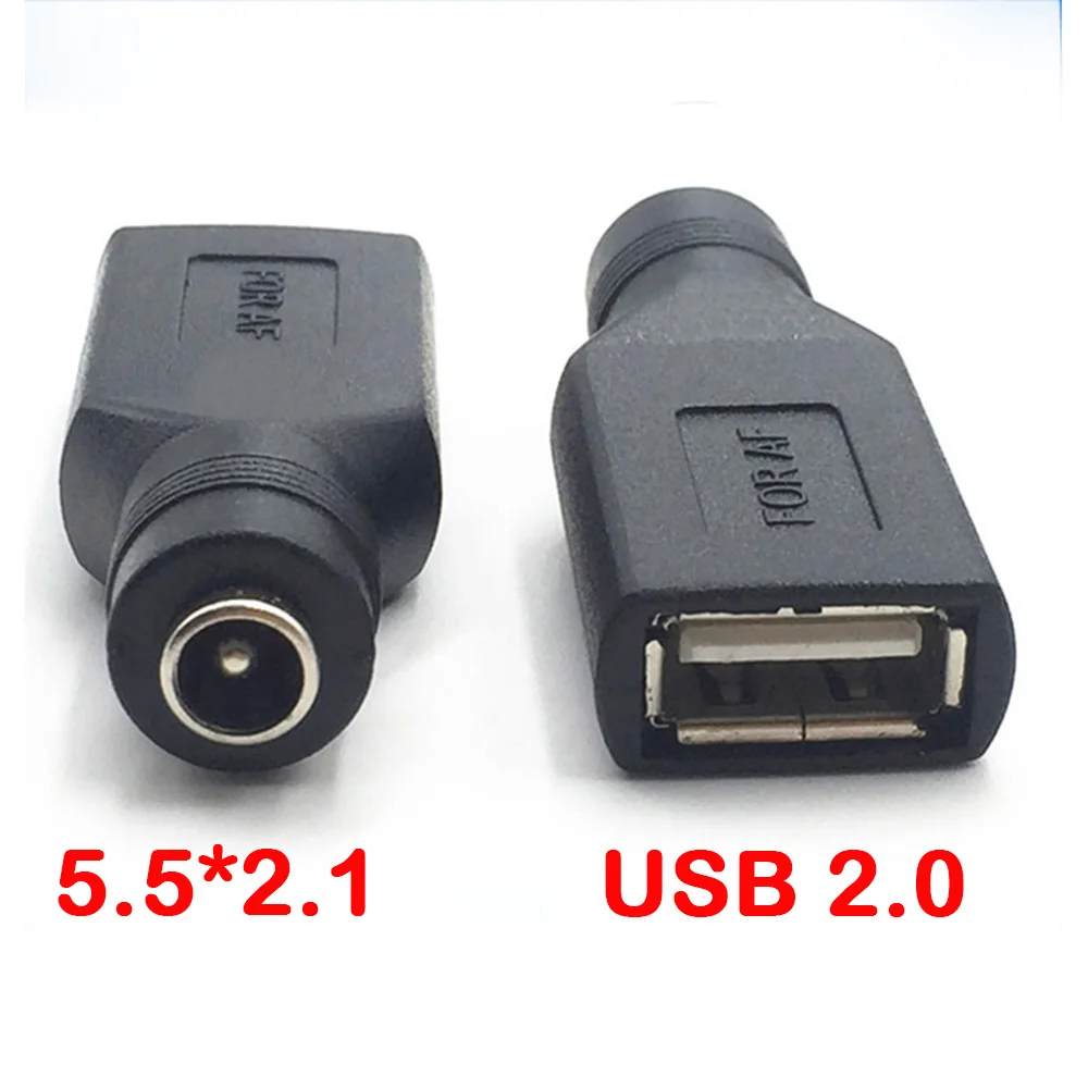 DC 5.5 × 2.1 Female Jack To USB 2.0 Plug Female Jack 5V DC Power Plugs Connector Adapter Laptop 5.5*2.1mm Black Color