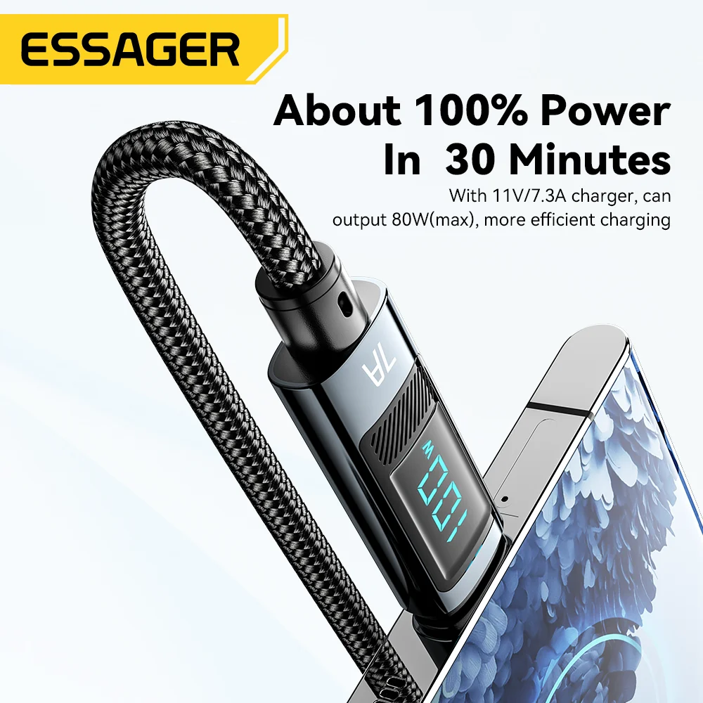 Essager 7A 100W USBA a tipo C Cable de carga súper rápido Cable de datos de nailon para iPhone Xiaomi Samsung con Cable de pantalla Digital Led